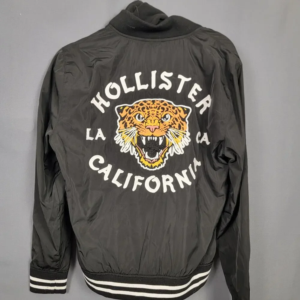 Hollister Tiger Embroidered Hooded Bomber Jacket Varsity Black